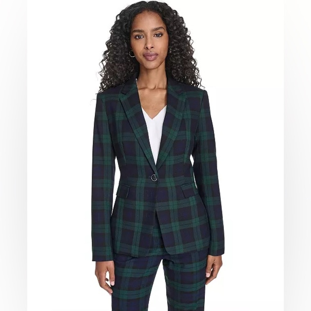 Green Plaid Single-Button Blazer - Women's Jacket